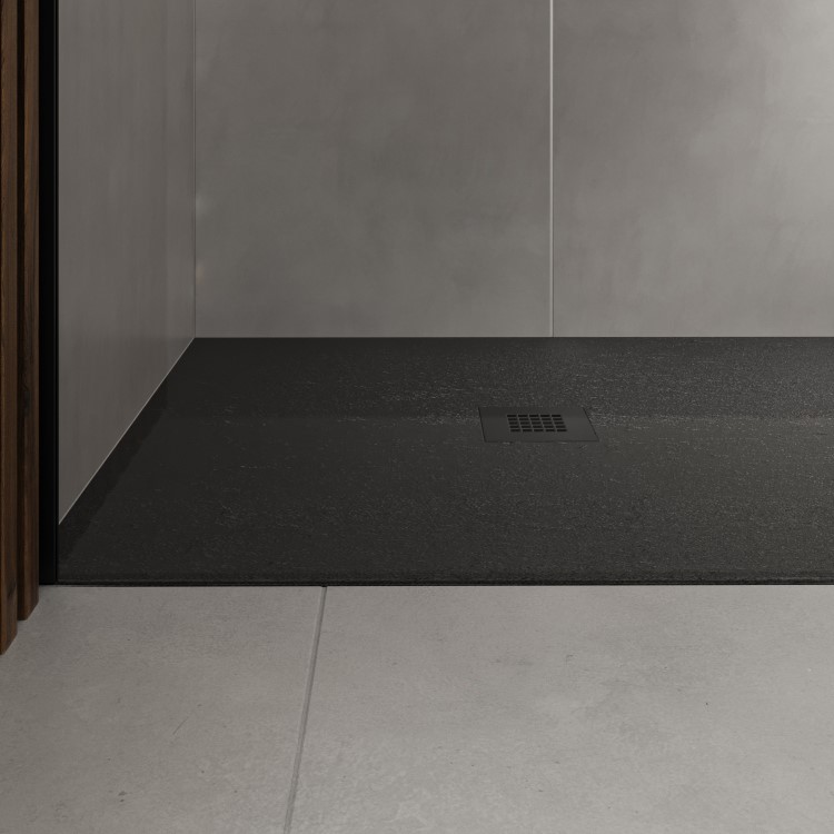 GRADE A1 - 1700x800mm Rectangular Shower Tray with Grate - Black Stone Resin Slate Effect - Sileti