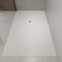 GRADE A1 - 1700x800mm Stone Resin White Slate Effect Low Profile Rectangular Shower Tray with Grate - Siltei