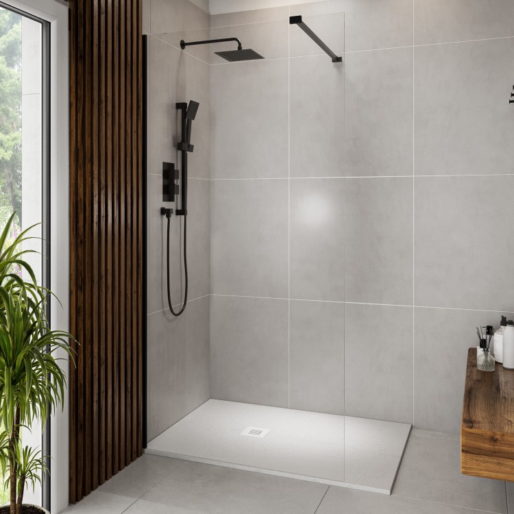 GRADE A1 - 1700x800mm Stone Resin White Slate Effect Low Profile Rectangular Shower Tray with Grate - Siltei