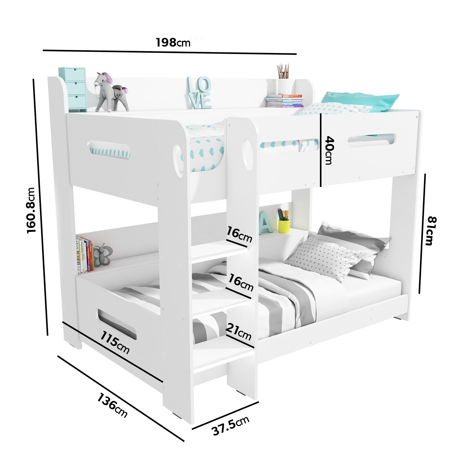 White Wooden Bunk Bed With Shelves, Wooden Bunk Bed Connectors