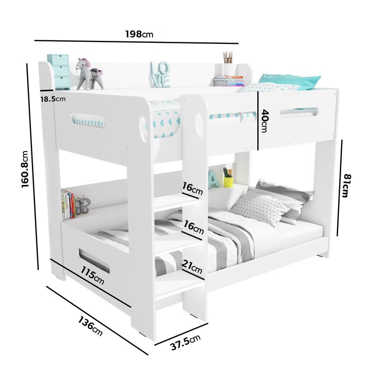 Sky White Bunk Bed with Shelves - Mattresses Included