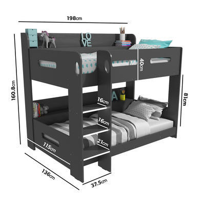 Dark Grey Bunk Bed with Shelves - Sky