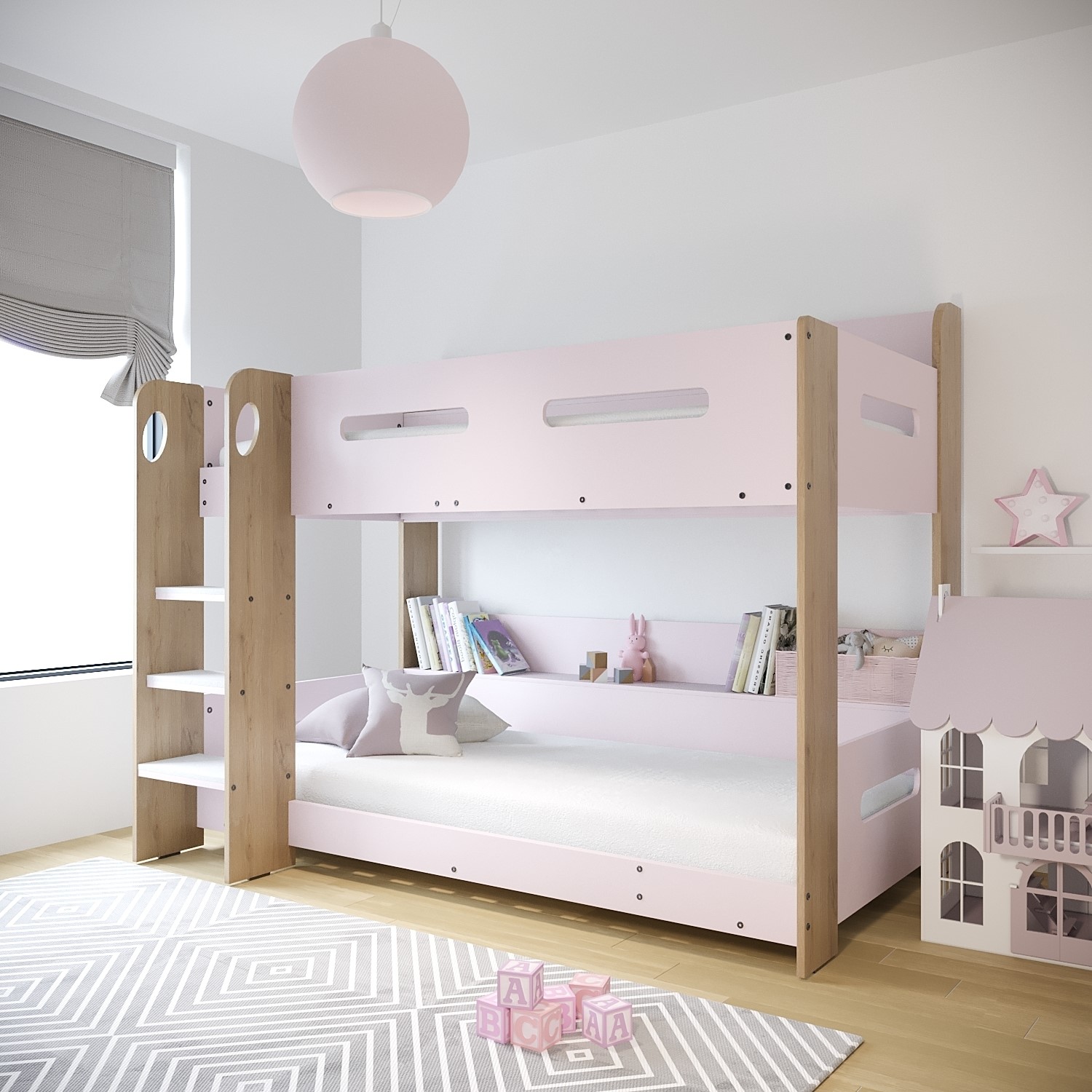 Blush Pink And Oak Wooden Bunk Bed With, Wooden Bunk Beds With Shelves
