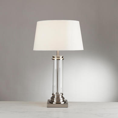 Silver Table Lamp with Glass Base & Cream Shade - Pedestal