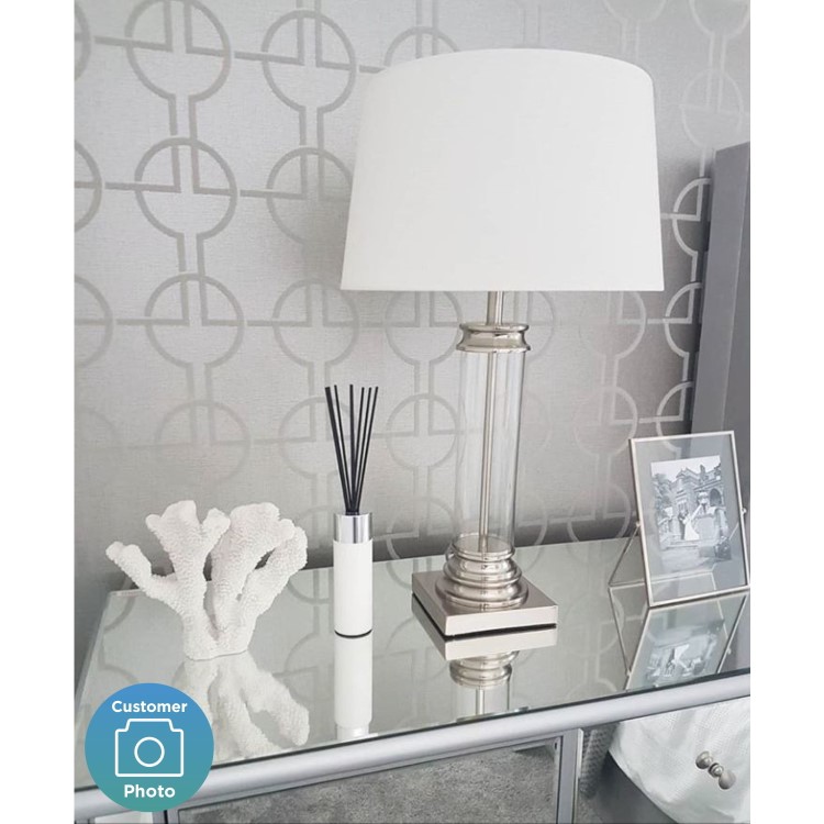 Silver Table Lamp with Glass Base & Cream Shade - Pedestal