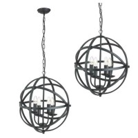 GRADE A1 - Orbit Matt Black Round Cage Frame Ceiling Pendant Light with 4 Candle Lights