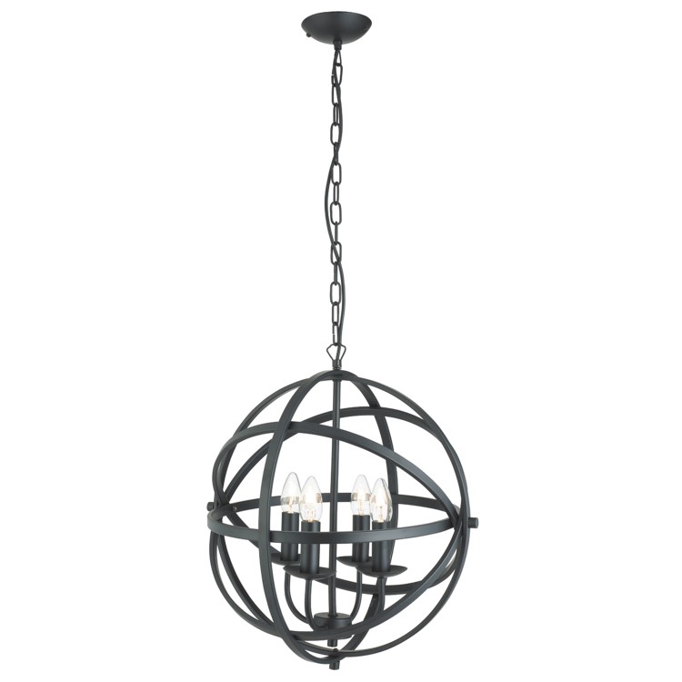 GRADE A1 - Orbit Matt Black Round Cage Frame Ceiling Pendant Light with 4 Candle Lights