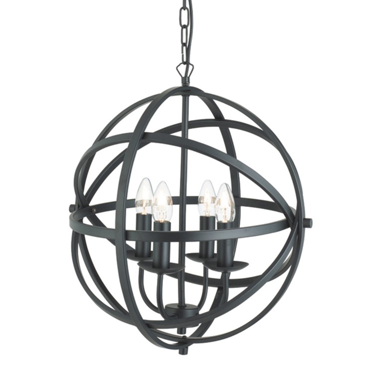 GRADE A1 - Orbit Matt Black Round Cage Frame Ceiling Pendant Light with 4 Candle Lights