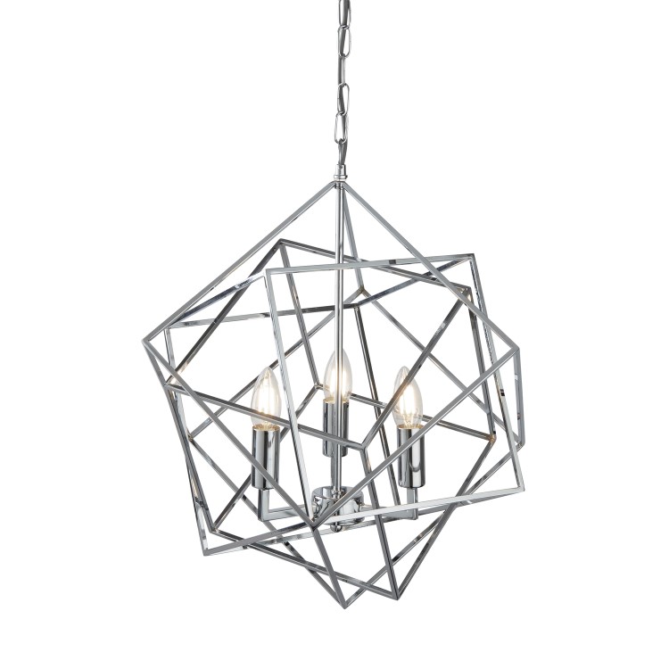 GRADE A1 - Cube Geometric Chrome Ceiling Chandelier Light with 3 Candle Lights