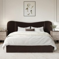 Brown Velvet Double Ottoman Bed with Wide Curved Headboard - Samara