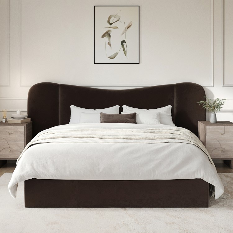 Brown Velvet Double Ottoman Bed with Wide Curved Headboard - Samara