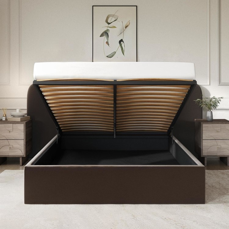Brown Velvet Double Ottoman Bed with Wide Curved Headboard - Samara