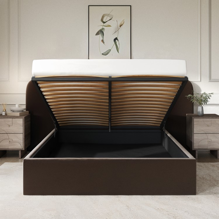Brown Velvet Double Ottoman Bed with Wide Curved Headboard - Samara