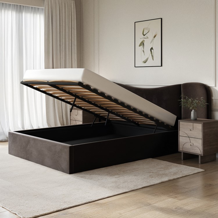 Brown Velvet Double Ottoman Bed with Wide Curved Headboard - Samara