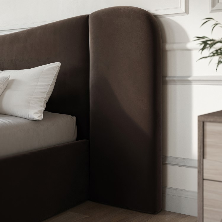 Brown Velvet Double Ottoman Bed with Wide Curved Headboard - Samara