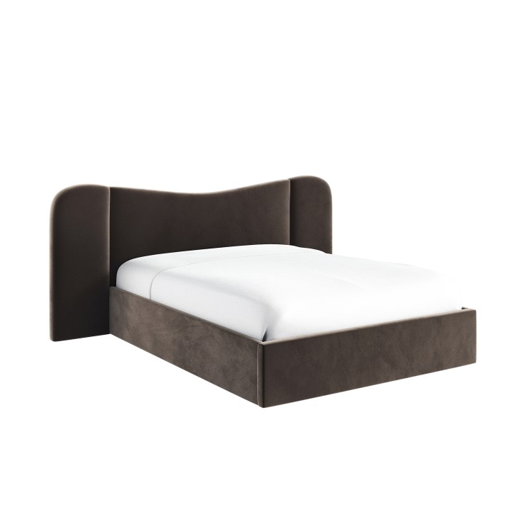 Brown Velvet Double Ottoman Bed with Wide Curved Headboard - Samara