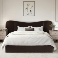 Brown Velvet King Size Ottoman Bed with Wide Curved Headboard - Samara