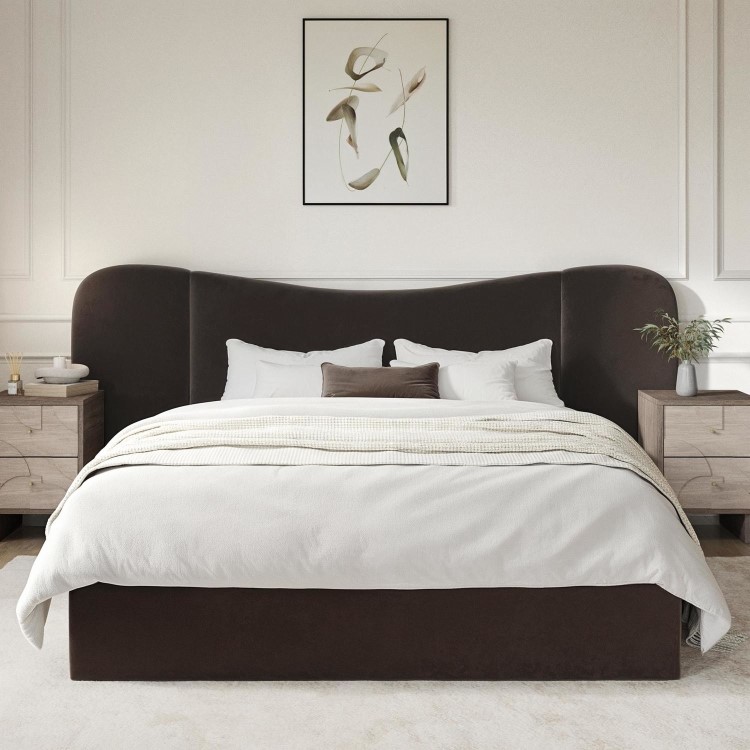 Velvet King Size Ottoman Bed with Wide Curved Headboard in Chocolate Brown - Samara