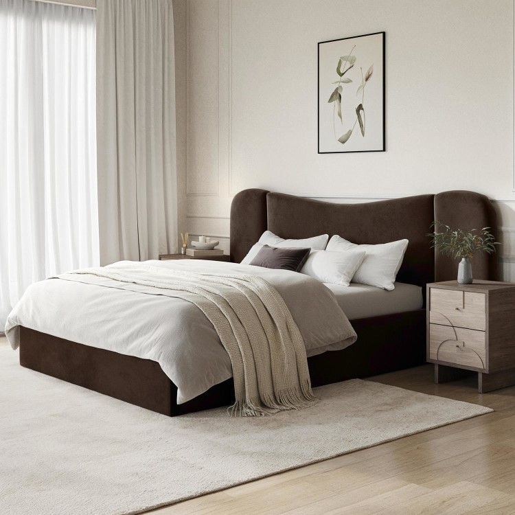 Brown Velvet King Size Ottoman Bed with Wide Curved Headboard - Samara
