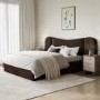 Brown Velvet King Size Ottoman Bed with Wide Curved Headboard - Samara