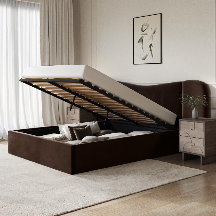 Brown Velvet King Size Ottoman Bed with Wide Curved Headboard - Samara