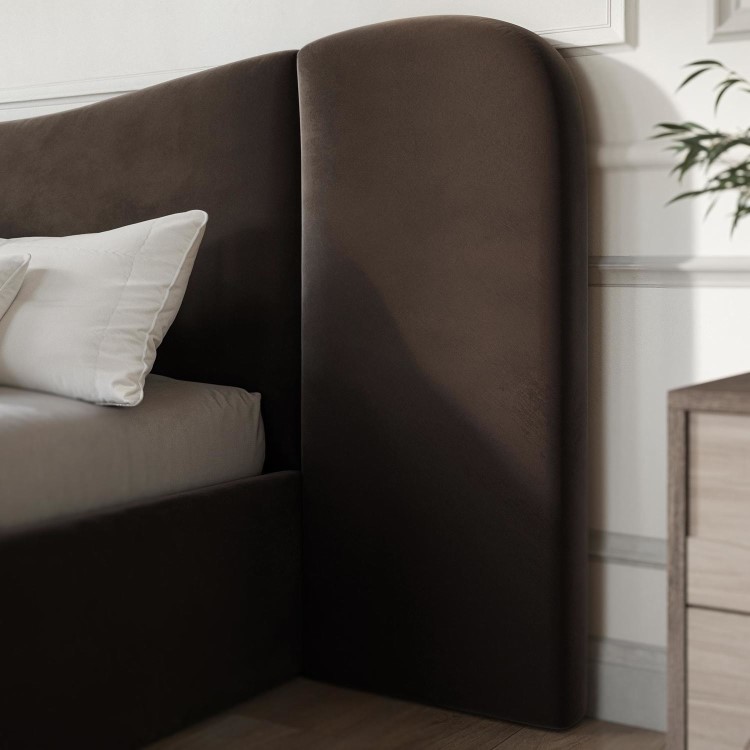 Brown Velvet King Size Ottoman Bed with Wide Curved Headboard - Samara