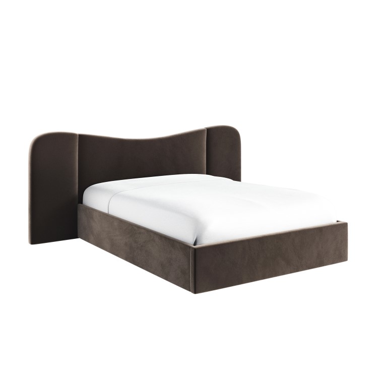 Velvet King Size Ottoman Bed with Wide Curved Headboard in Chocolate Brown - Samara