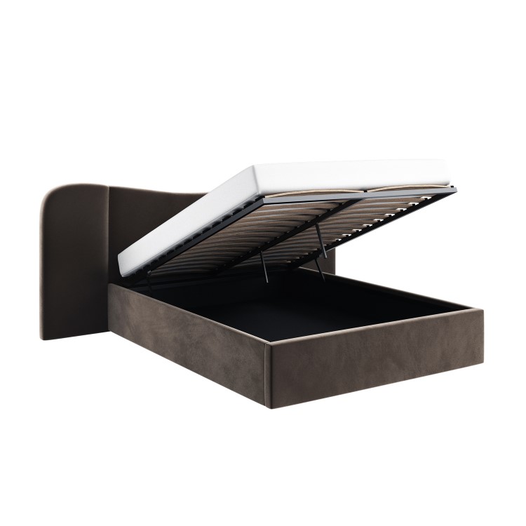 Brown Velvet King Size Ottoman Bed with Wide Curved Headboard - Samara