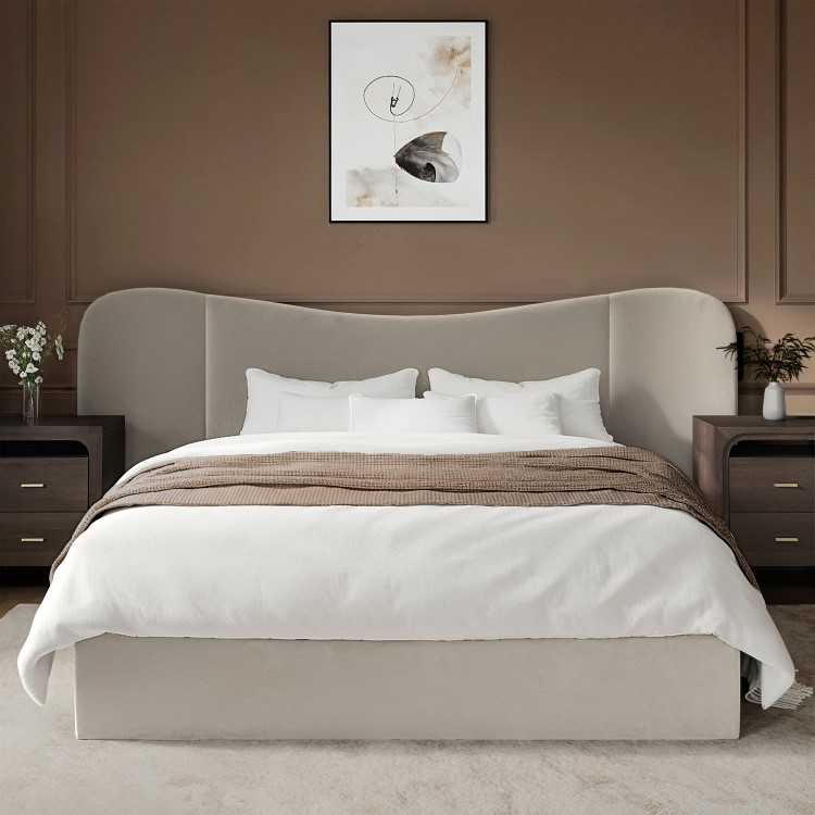 Beige Velvet King Size Ottoman Bed with Curved Wide Headboard - Samara