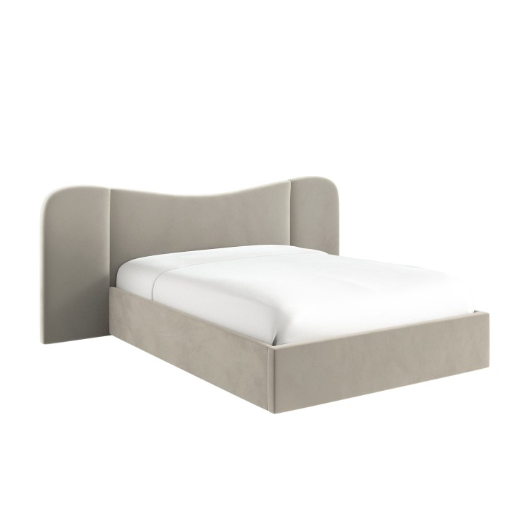 Beige Velvet King Size Ottoman Bed with Curved Wide Headboard - Samara