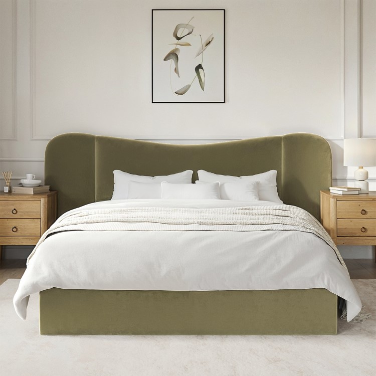 Moss Green Velvet Double Ottoman Bed with Wide Curved Headboard - Samara