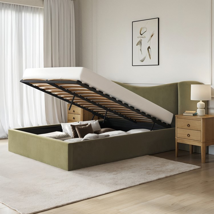 Moss Green Velvet Double Ottoman Bed with Wide Curved Headboard - Samara