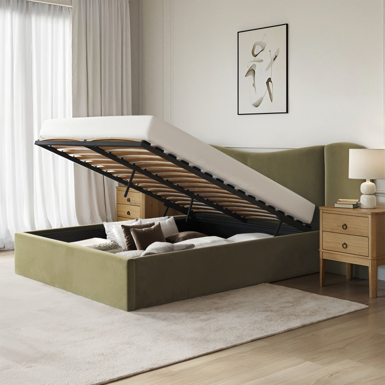 Moss Green Velvet King Size Ottoman Bed with Wide Curved Headboard - Samara