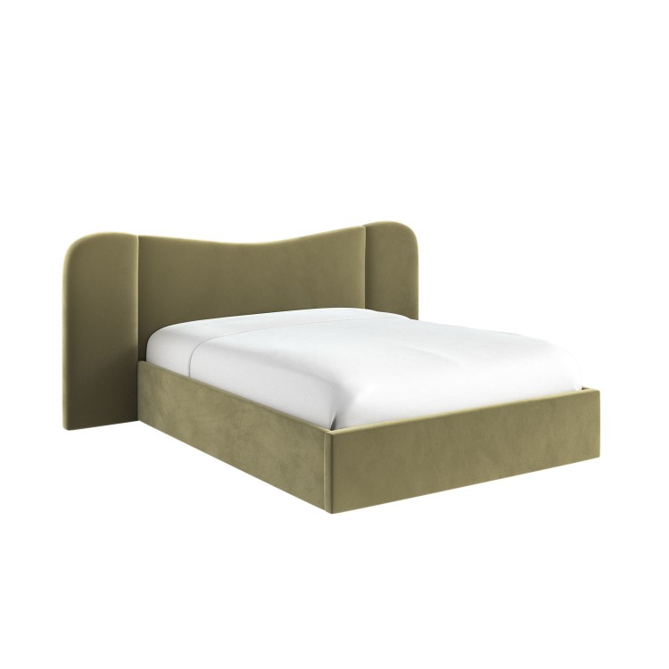 Moss Green Velvet King Size Ottoman Bed with Wide Curved Headboard - Samara