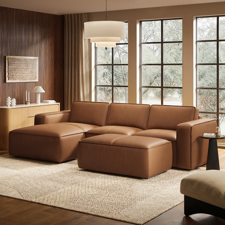 Brown Real Leather Left Hand 4 Seater Chaise Corner Sofa - Samuel