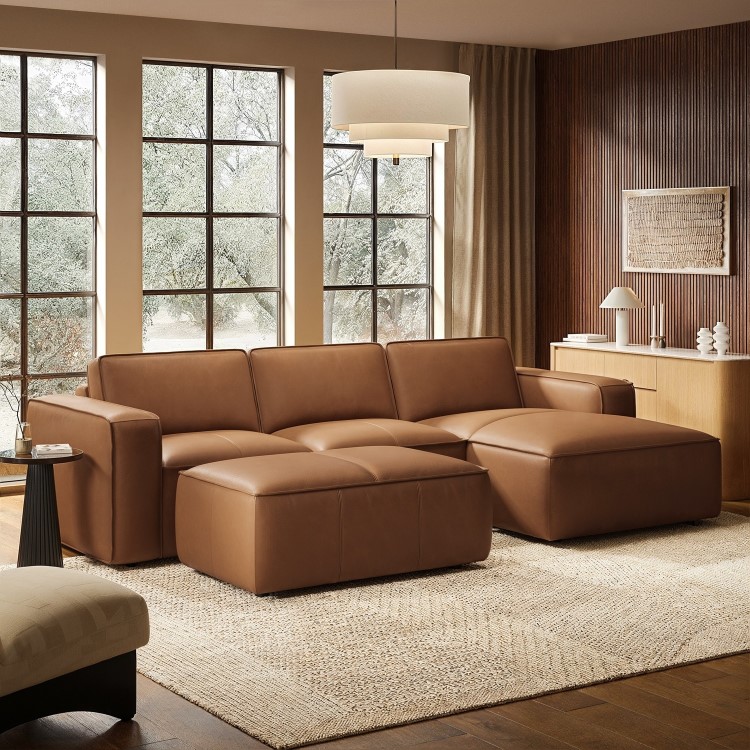 Brown Real Leather Right Hand 4 Seater Chaise Corner Sofa - Samuel