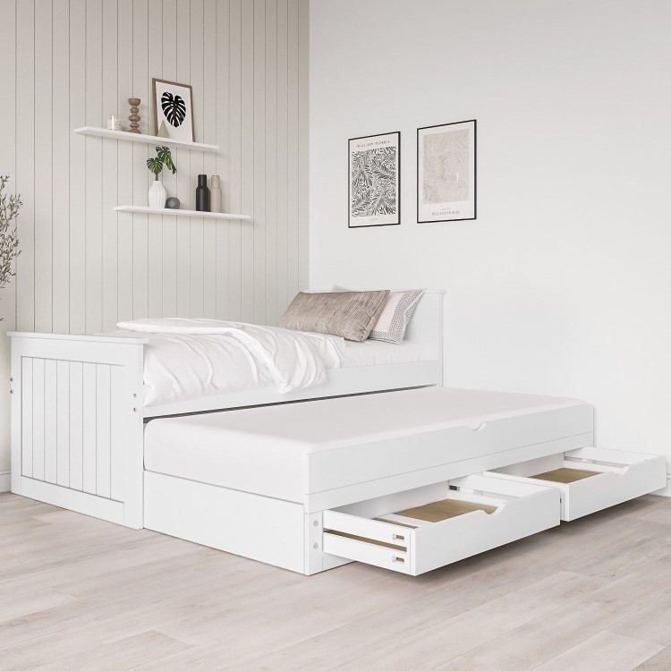Single White Wooden Guest Bed with Storage and Trundle - Sander