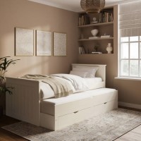 Single Cream Wooden Guest Bed with Storage and Trundle - Sander