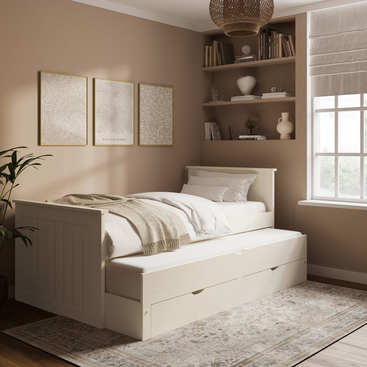 Single Cream Wooden Guest Bed with Storage and Trundle - Sander