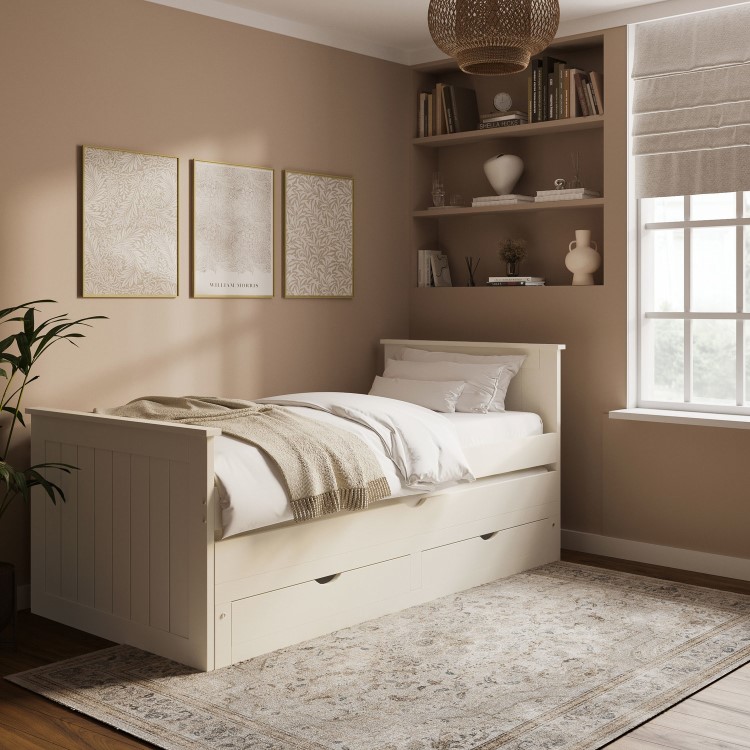 Single Cream Wooden Guest Bed with Storage and Trundle - Sander