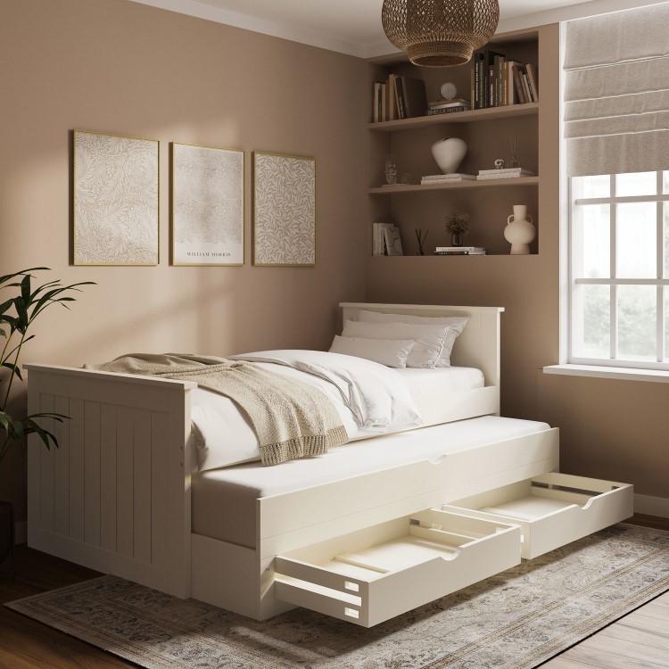 Single Cream Wooden Guest Bed with Storage and Trundle - Sander