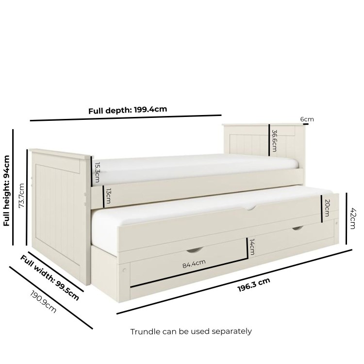 Single Cream Wooden Guest Bed with Storage and Trundle - Sander