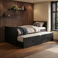 Single Black Wooden Guest Bed with Storage and Trundle - Sander