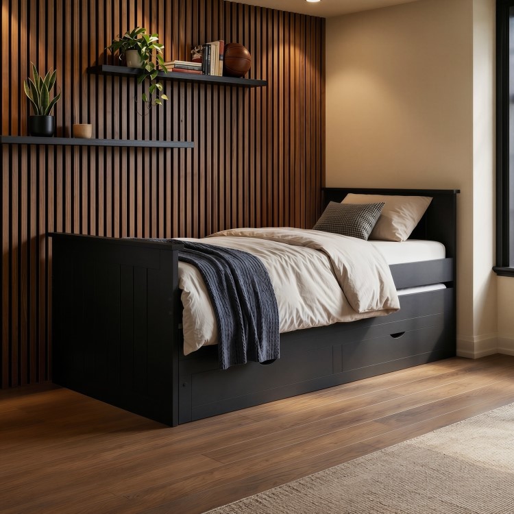 Single Black Wooden Guest Bed with Storage and Trundle - Sander