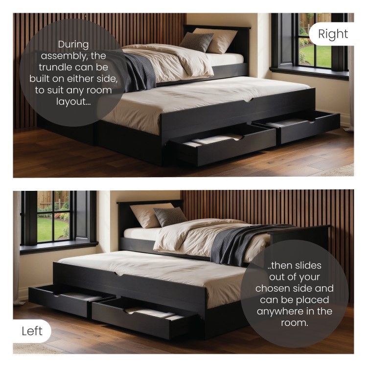 Single Black Wooden Guest Bed with Storage and Trundle - Sander