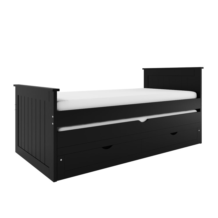 Single Black Wooden Guest Bed with Storage and Trundle - Sander