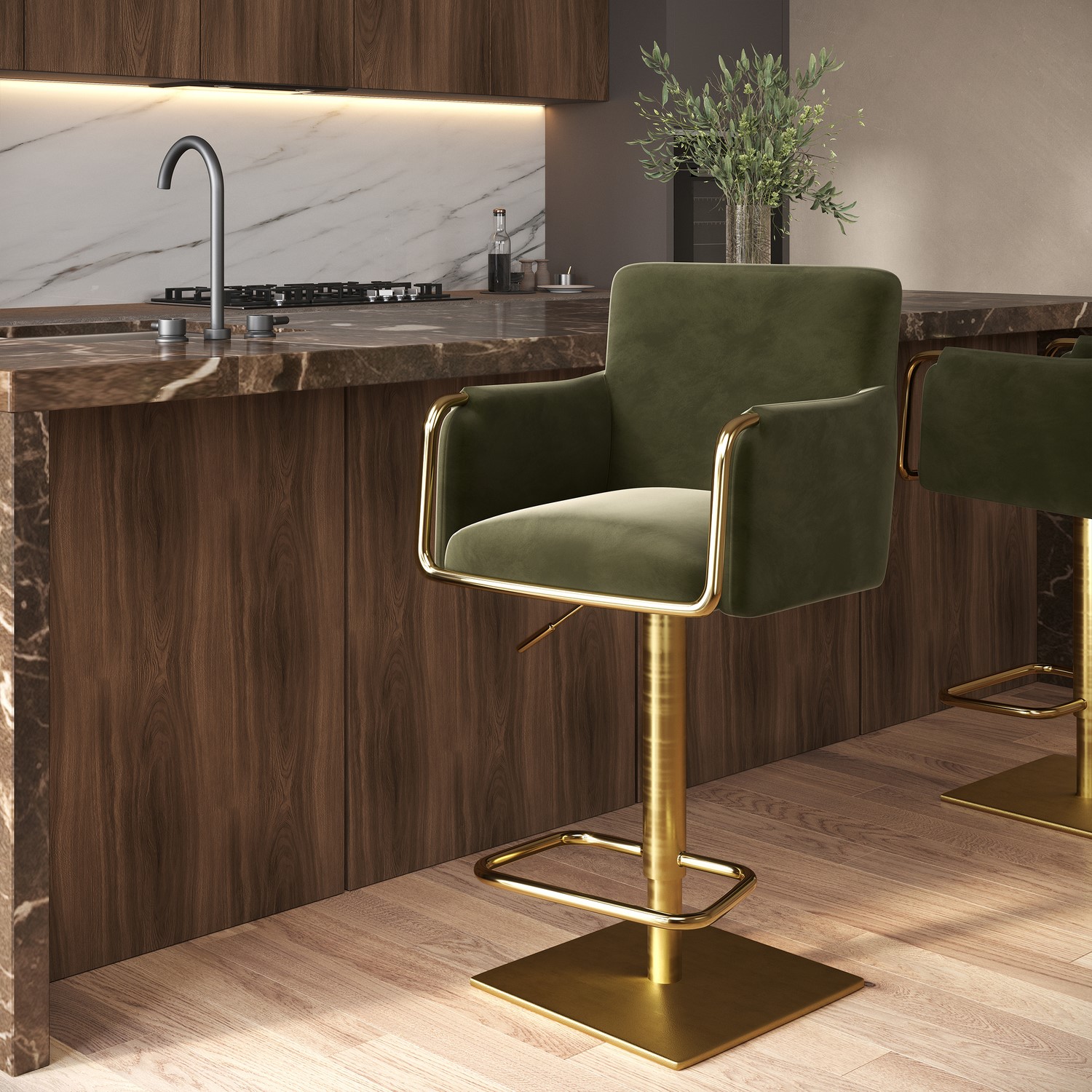 Olive Stool Olive Green Velvet Adjustable Swivel Bar Stool with Gold Base - Sonny ...