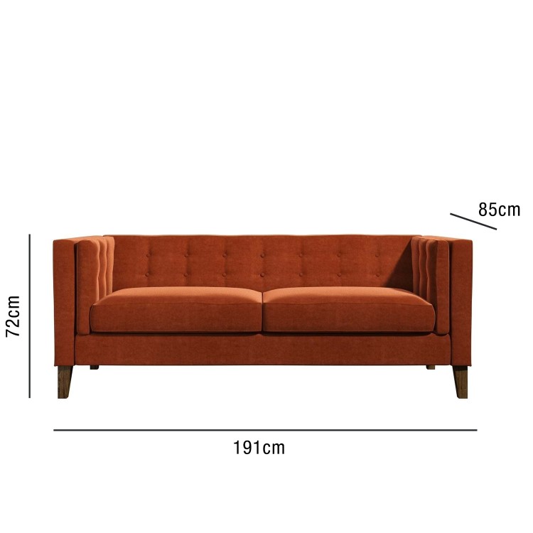 Orange Velvet Buttoned Back 3 Seater Sofa - Bailey