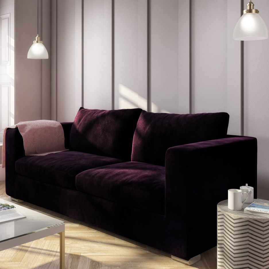 3 Seater Velvet Sofa in Dark Purple Aubergine - Clara - BuyItDirect.ie