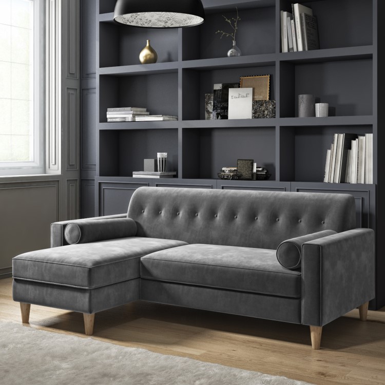 Grey Velvet Left Hand 3 Seater Small L Shaped Sofa - Idris